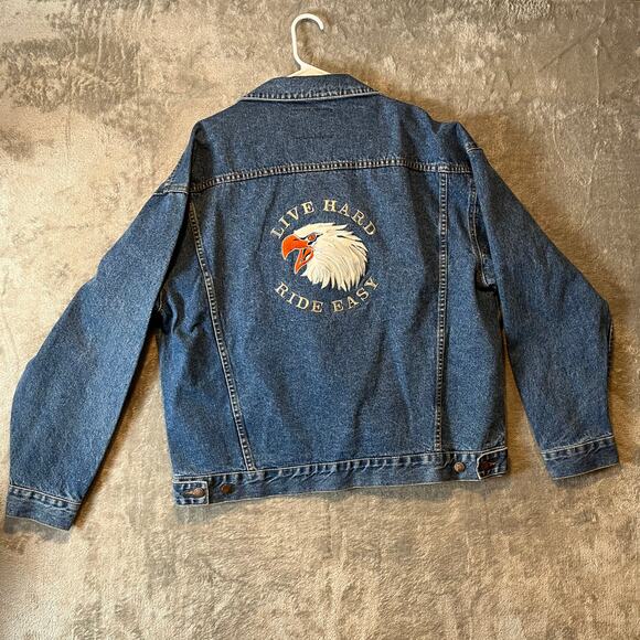 Harley Davidson Vintage Jacket Size 2XL 90S Denim Live Hard Ride Free Bald Eagle - Picture 1 of 8